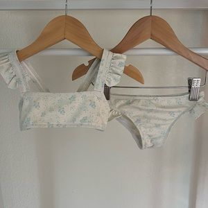 Like new! Minnow Girls Cream and Blue Floral Two-Piece Swimsuit. Size 2.